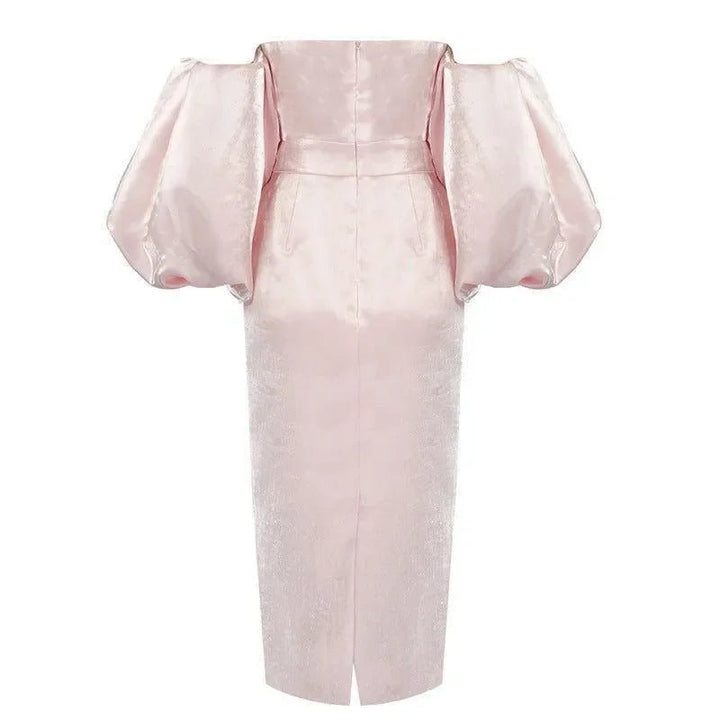 Smiley Puff Sleeve Satin Midi Dress