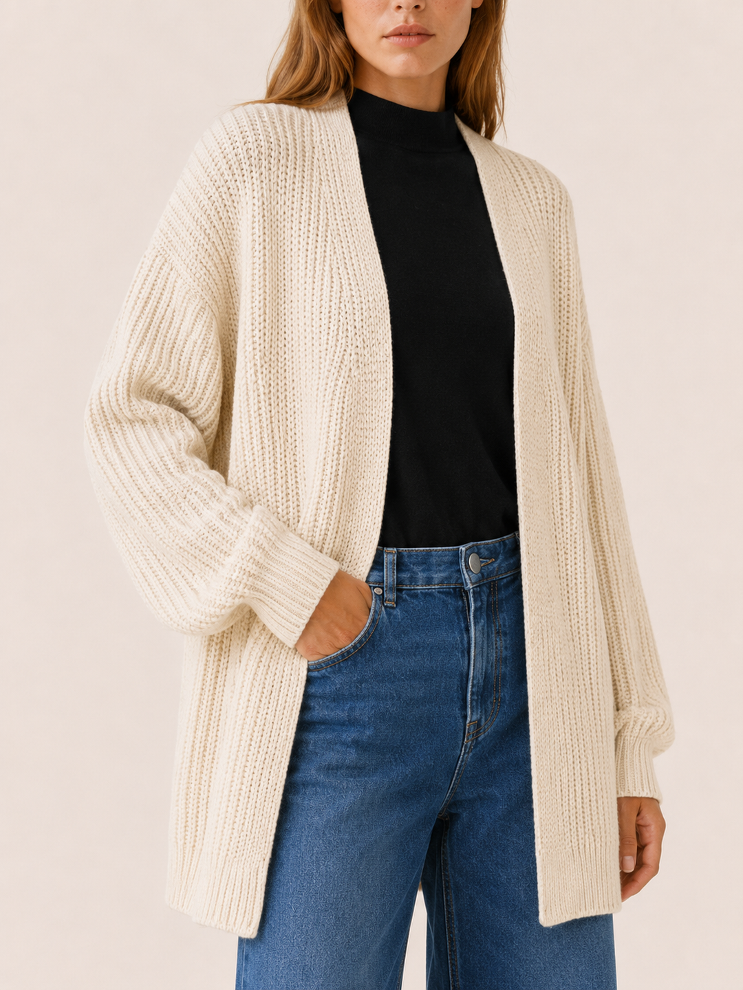 Pascaline | Open Front Balloon Sleeve Longline Cardigan