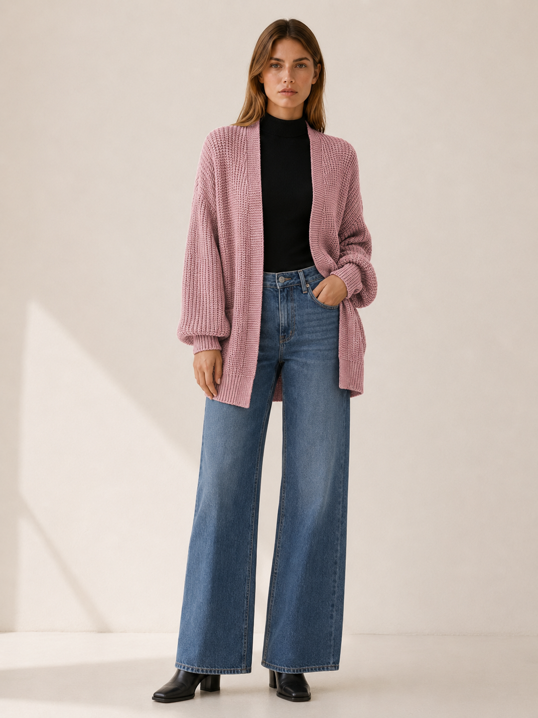 Pascaline | Open Front Balloon Sleeve Longline Cardigan