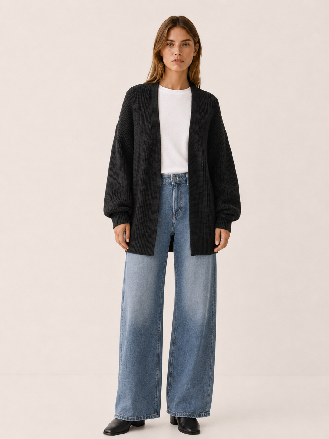 Pascaline | Open Front Balloon Sleeve Longline Cardigan
