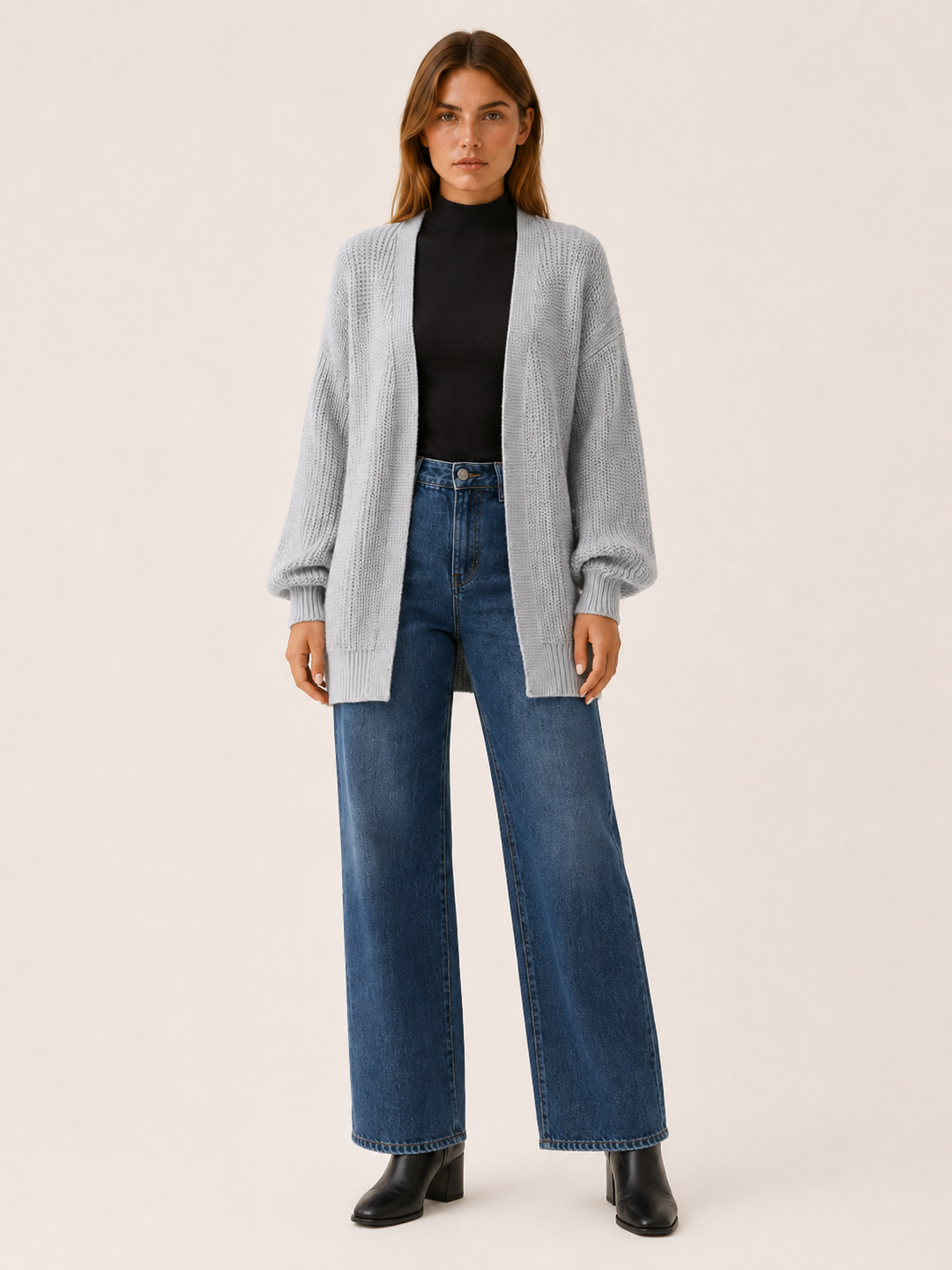 Pascaline | Open Front Balloon Sleeve Longline Cardigan