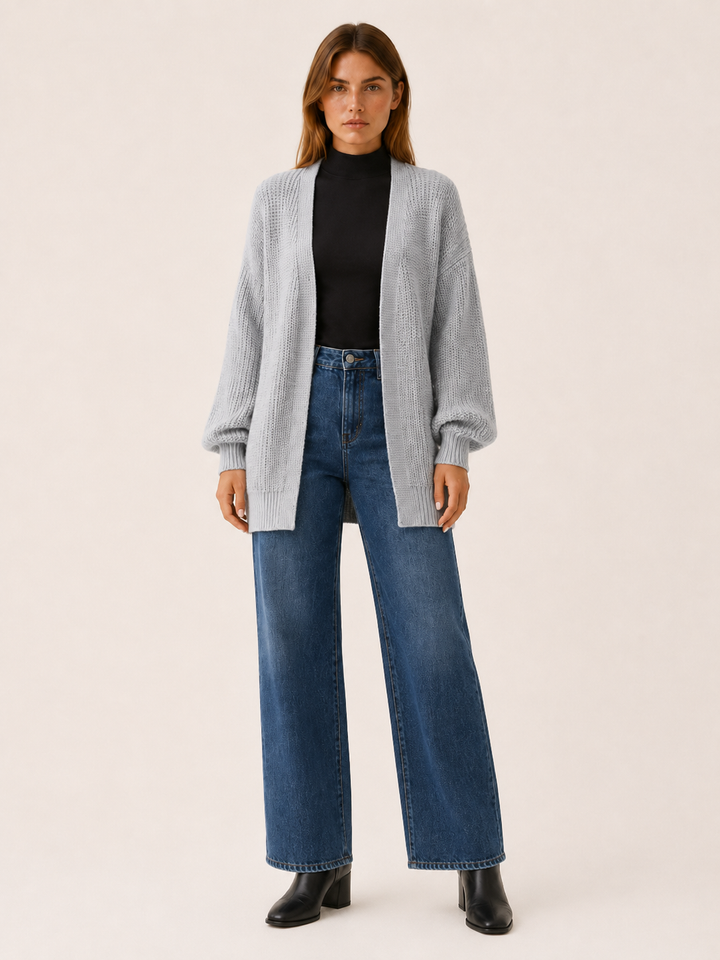 Pascaline | Open Front Balloon Sleeve Longline Cardigan