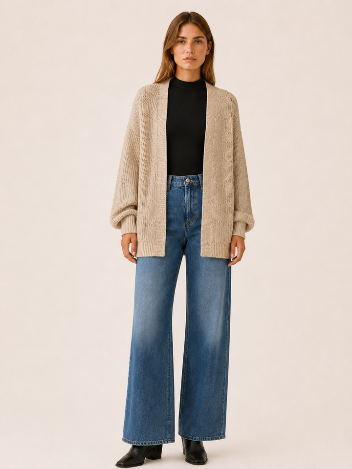 Pascaline | Open Front Balloon Sleeve Longline Cardigan