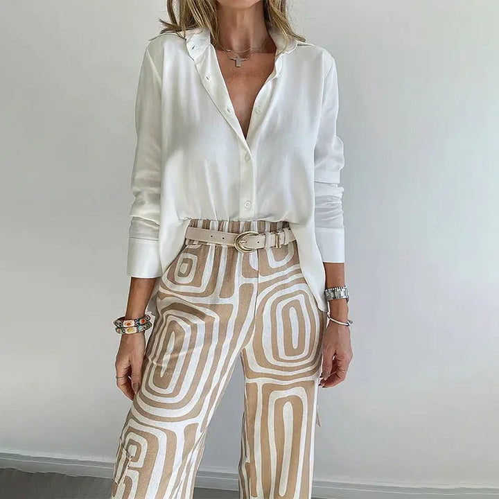 Women’s Two Piece Set – Shirt and Patterned Pants Matching Outfit Elegant Casual Set