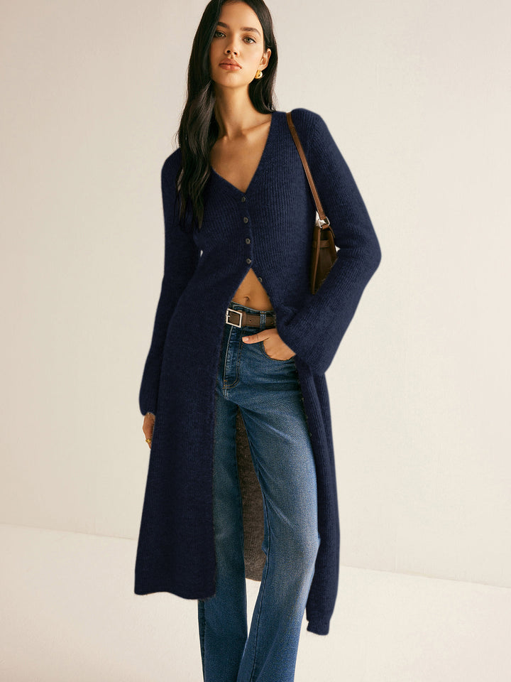 Clotilde | Long Wool Blend Button-Up Knit Cardigan
