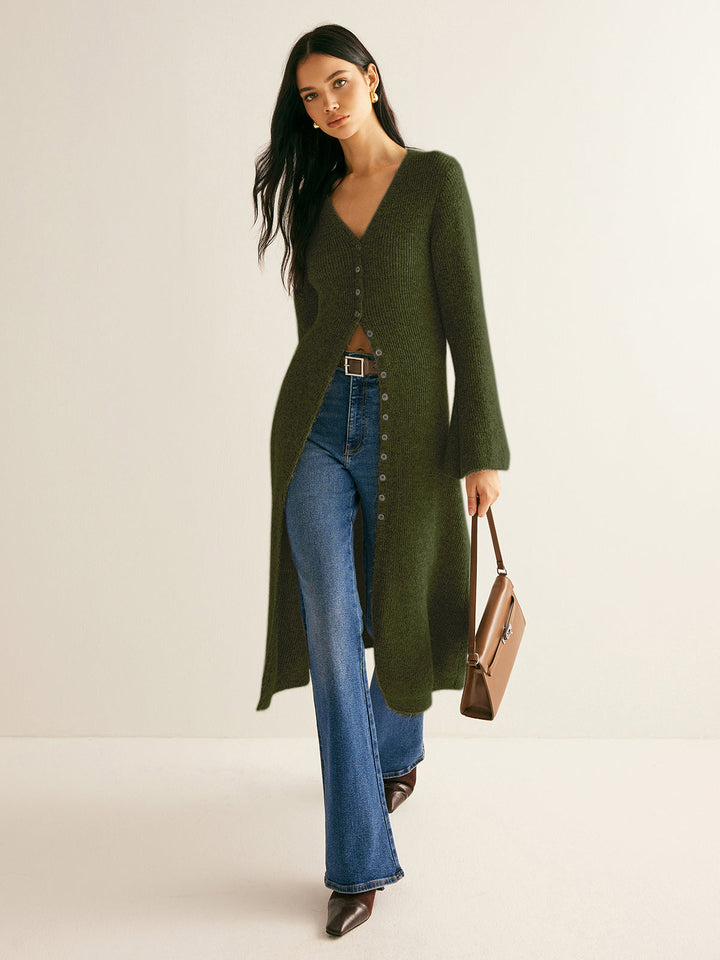 Clotilde | Long Wool Blend Button-Up Knit Cardigan