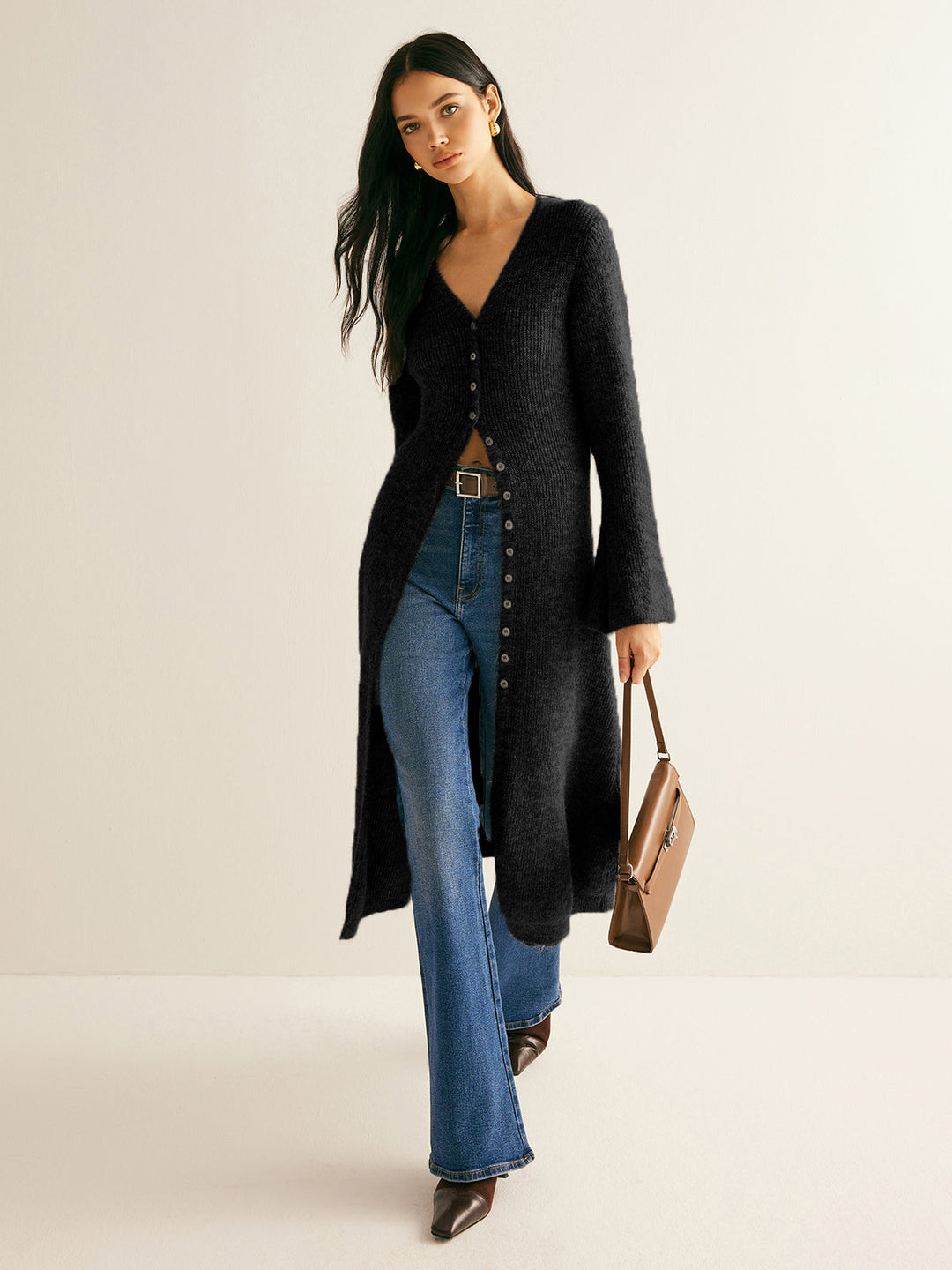 Clotilde | Long Wool Blend Button-Up Knit Cardigan