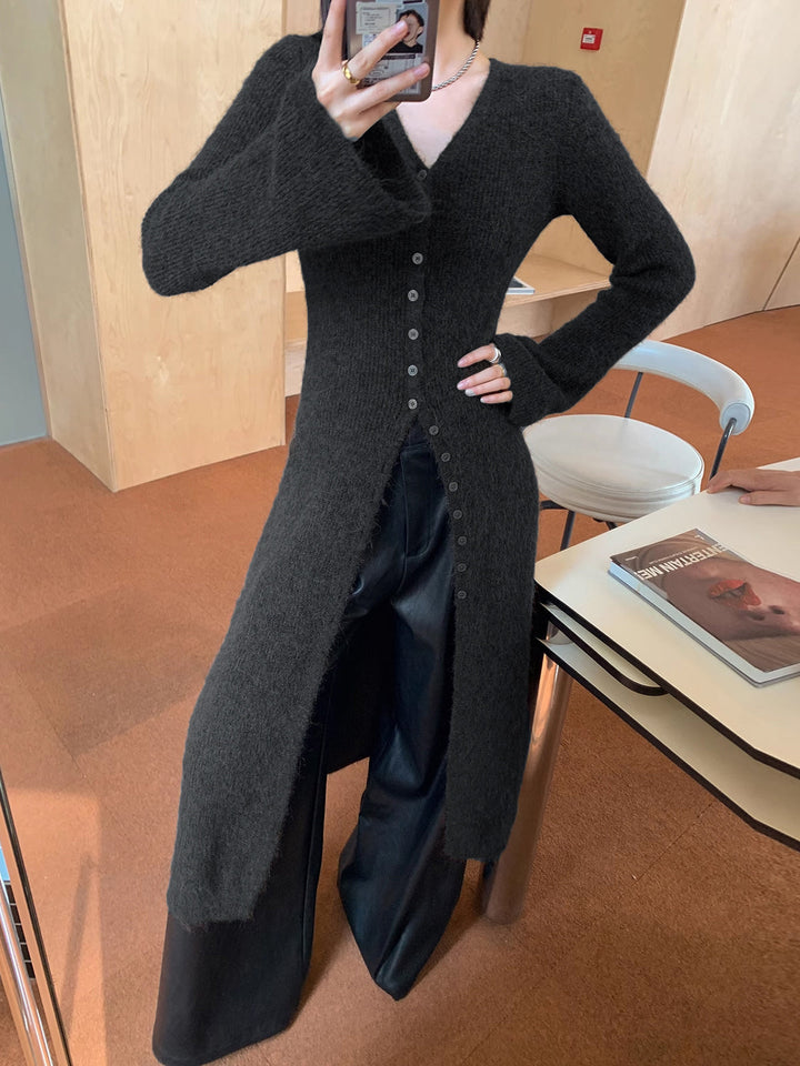 Clotilde | Long Wool Blend Button-Up Knit Cardigan