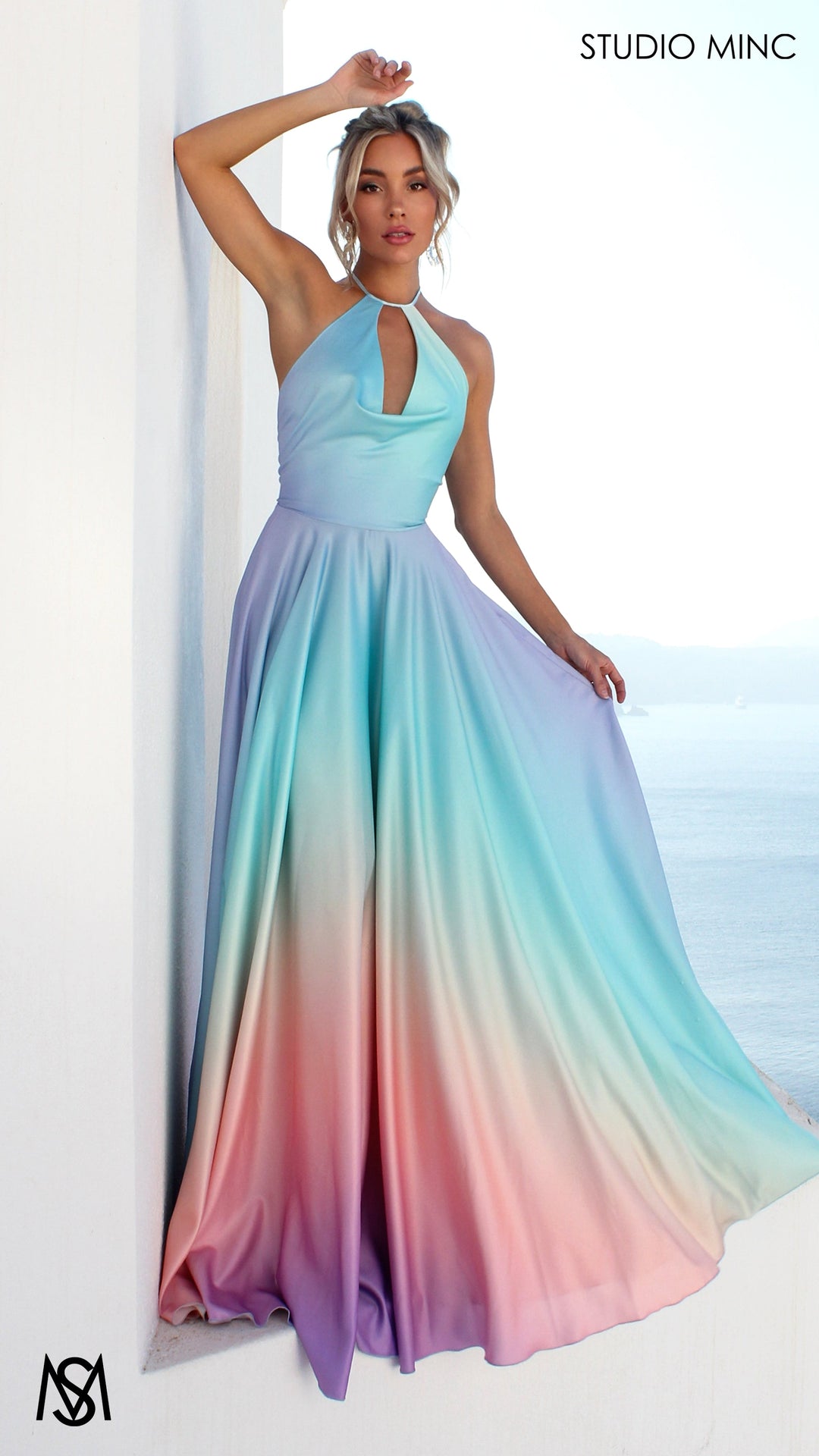 SUNSET BLUE - Blue Multi Colour Formal Dress, Satin High Neck Plunge &amp; Backless