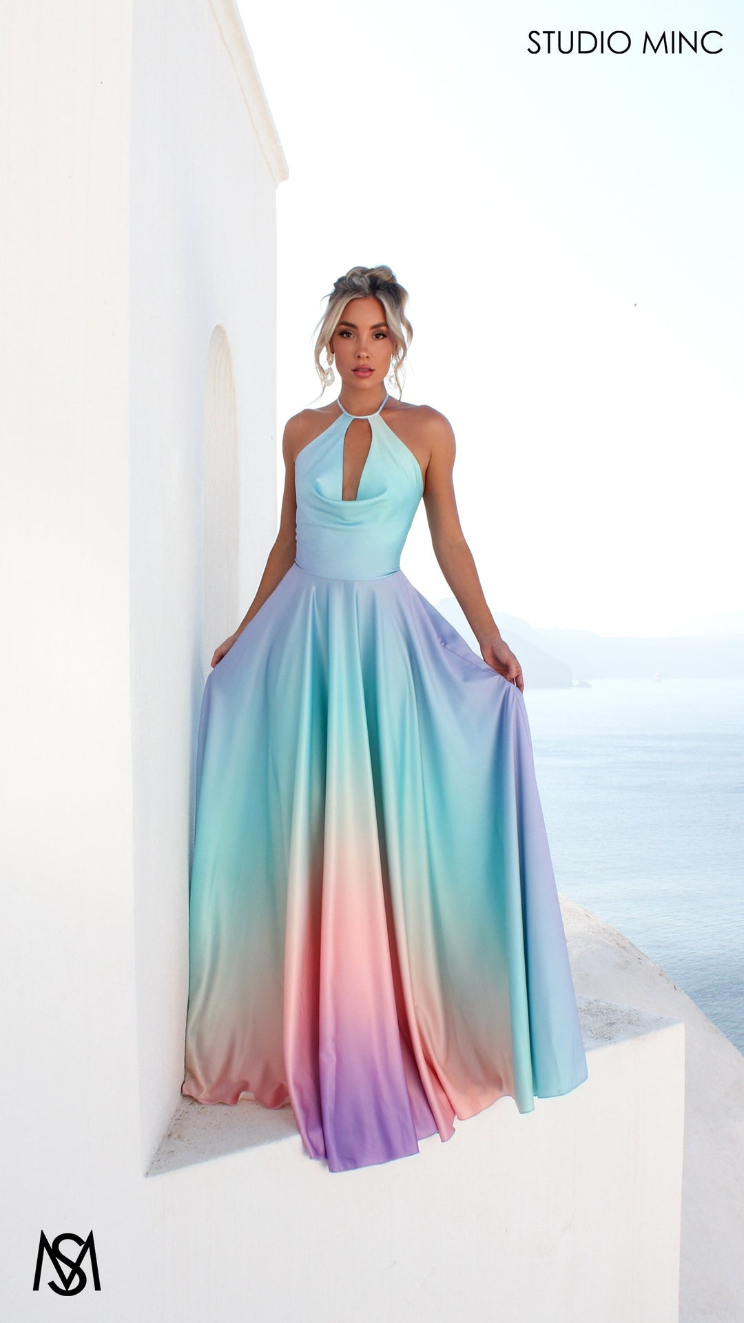 SUNSET BLUE - Blue Multi Colour Formal Dress, Satin High Neck Plunge &amp; Backless