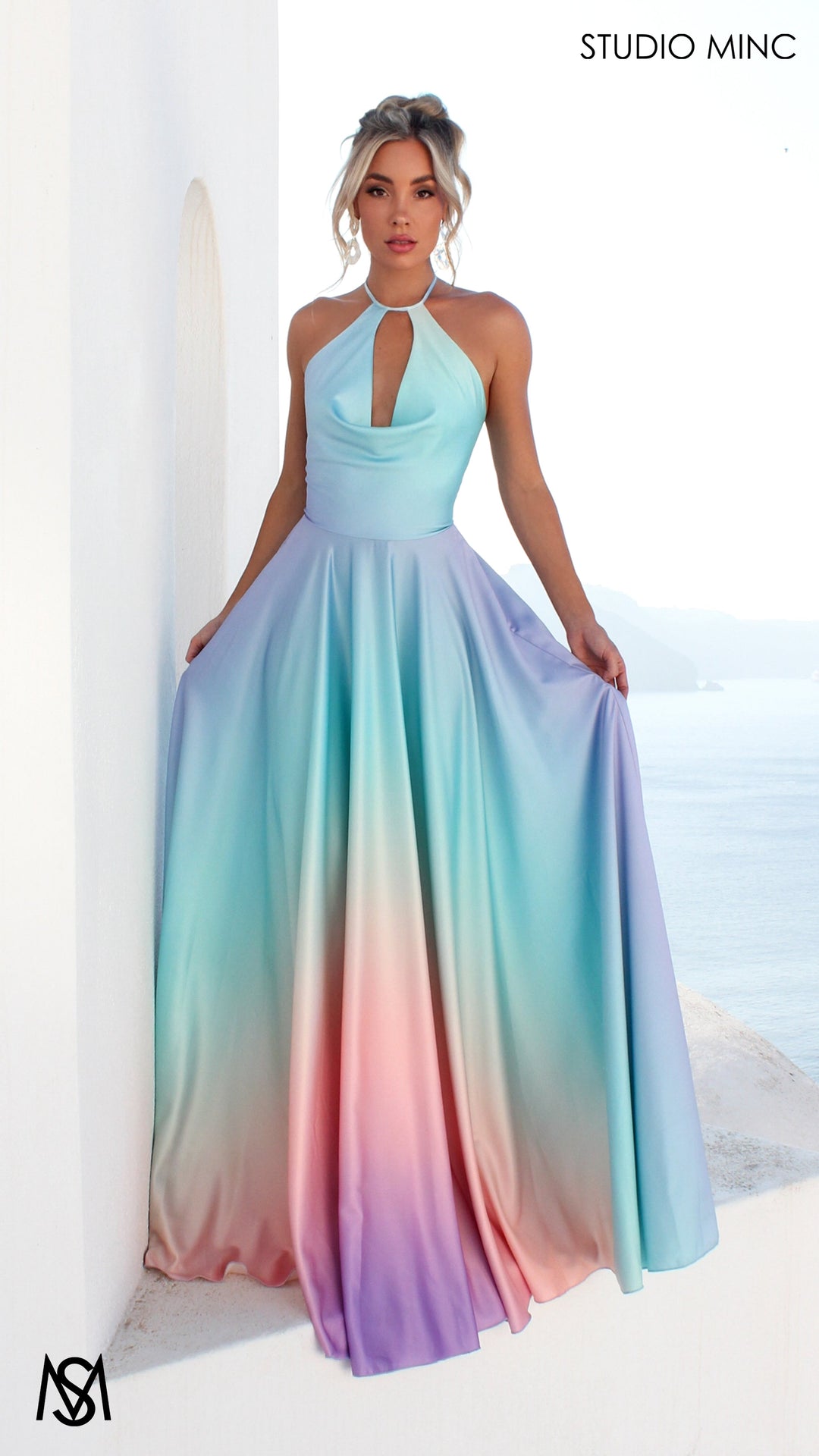 SUNSET BLUE - Blue Multi Colour Formal Dress, Satin High Neck Plunge &amp; Backless