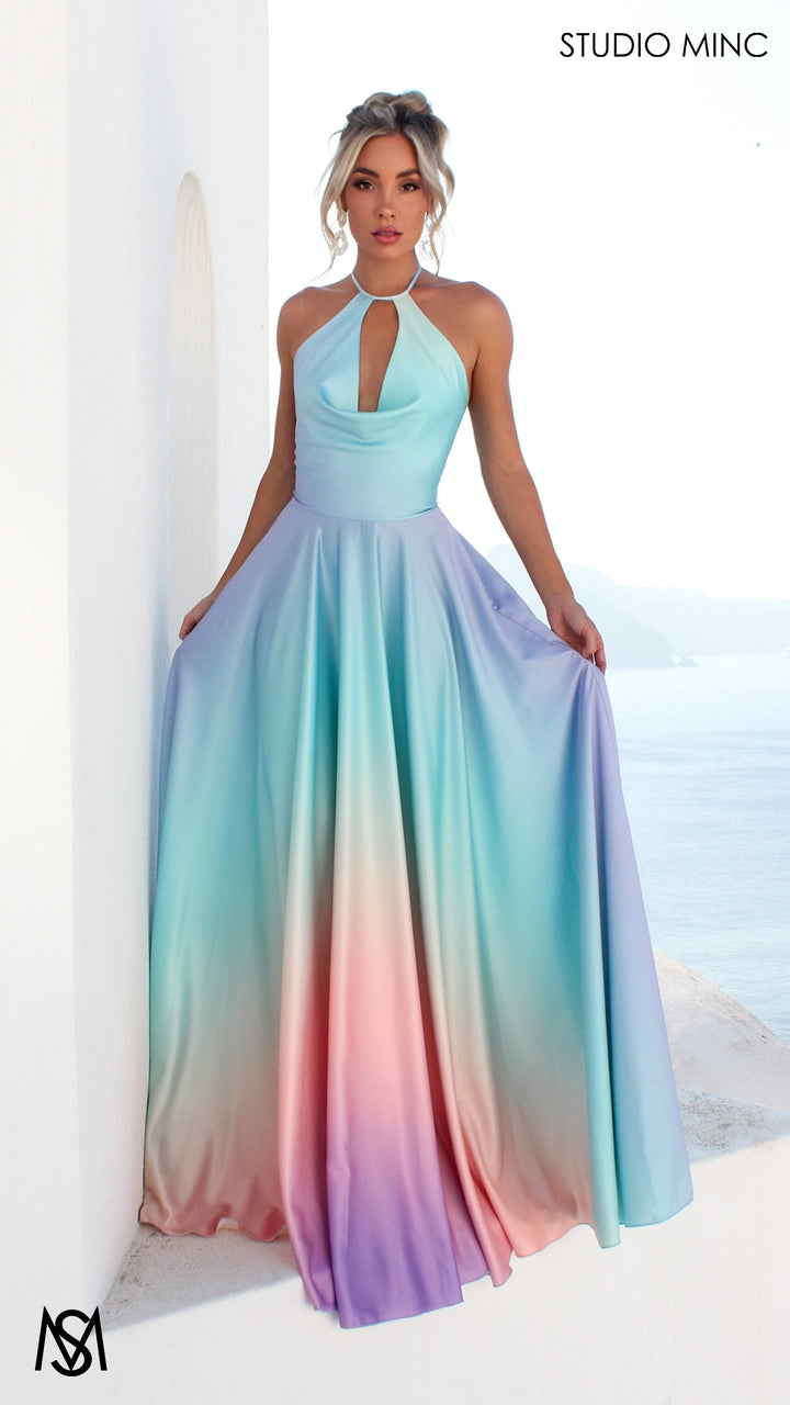 SUNSET BLUE - Blue Multi Colour Formal Dress, Satin High Neck Plunge &amp; Backless