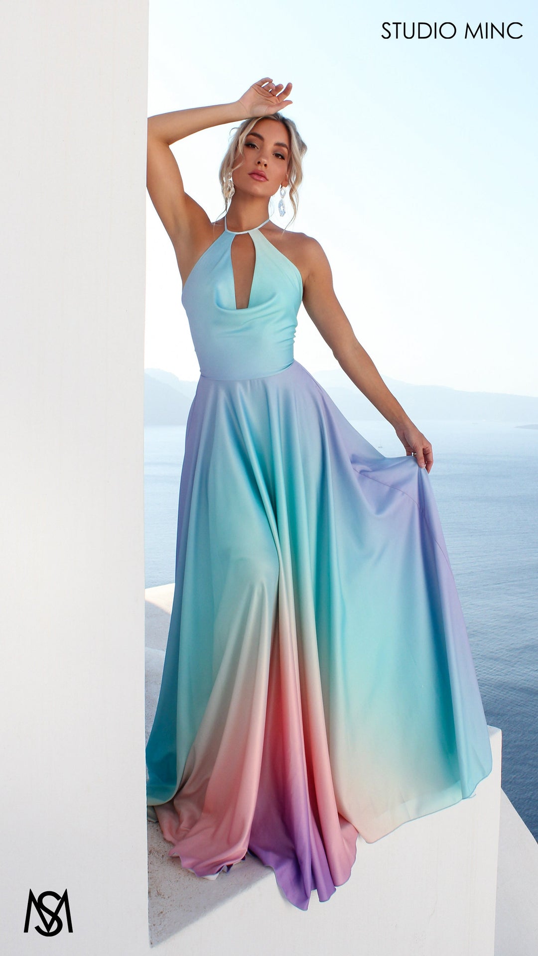 SUNSET BLUE - Blue Multi Colour Formal Dress, Satin High Neck Plunge &amp; Backless