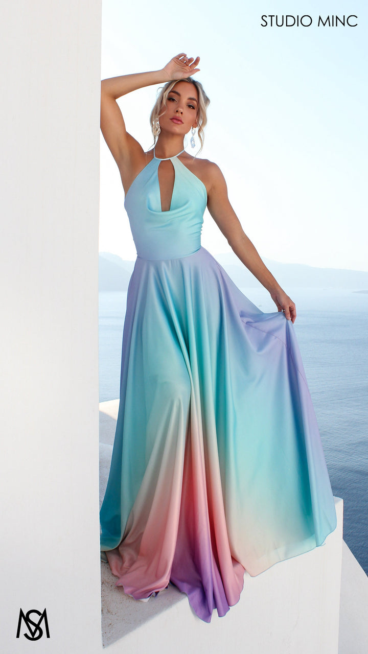 SUNSET BLUE - Blue Multi Colour Formal Dress, Satin High Neck Plunge &amp; Backless