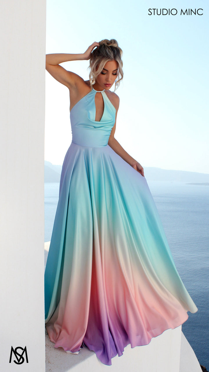 SUNSET BLUE - Blue Multi Colour Formal Dress, Satin High Neck Plunge &amp; Backless