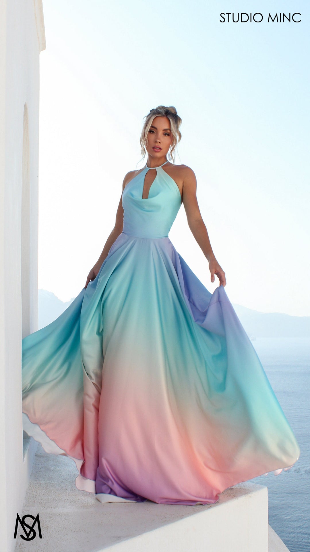 SUNSET BLUE - Blue Multi Colour Formal Dress, Satin High Neck Plunge &amp; Backless