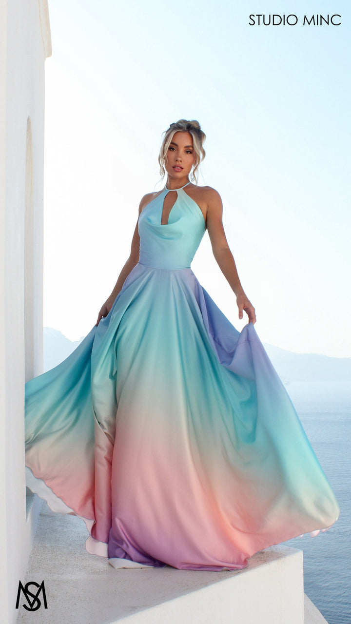 SUNSET BLUE - Blue Multi Colour Formal Dress, Satin High Neck Plunge &amp; Backless