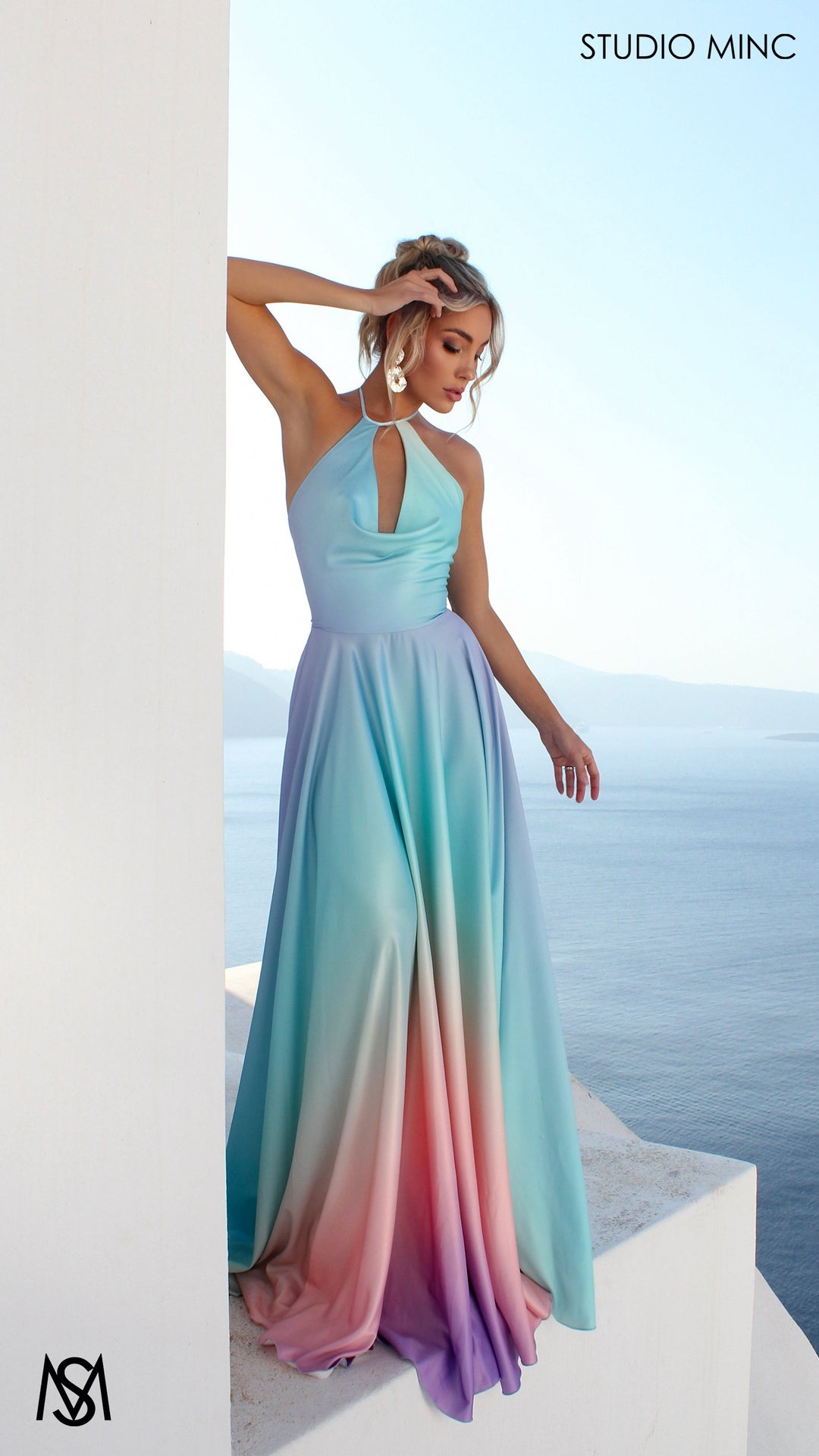 SUNSET BLUE - Blue Multi Colour Formal Dress, Satin High Neck Plunge &amp; Backless