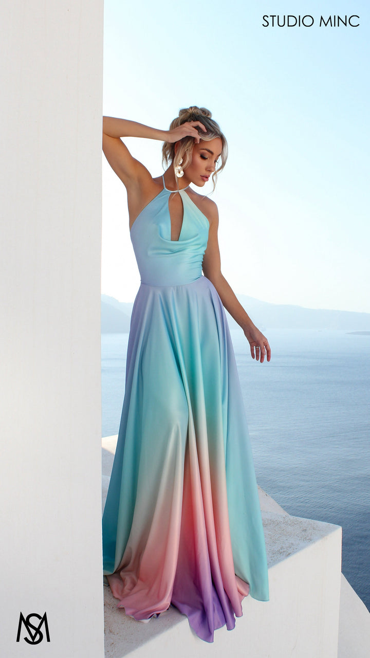 SUNSET BLUE - Blue Multi Colour Formal Dress, Satin High Neck Plunge &amp; Backless