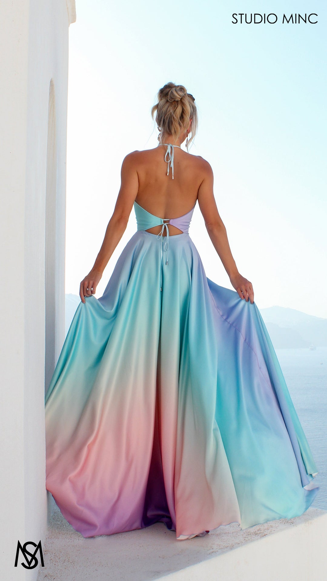 SUNSET BLUE - Blue Multi Colour Formal Dress, Satin High Neck Plunge &amp; Backless