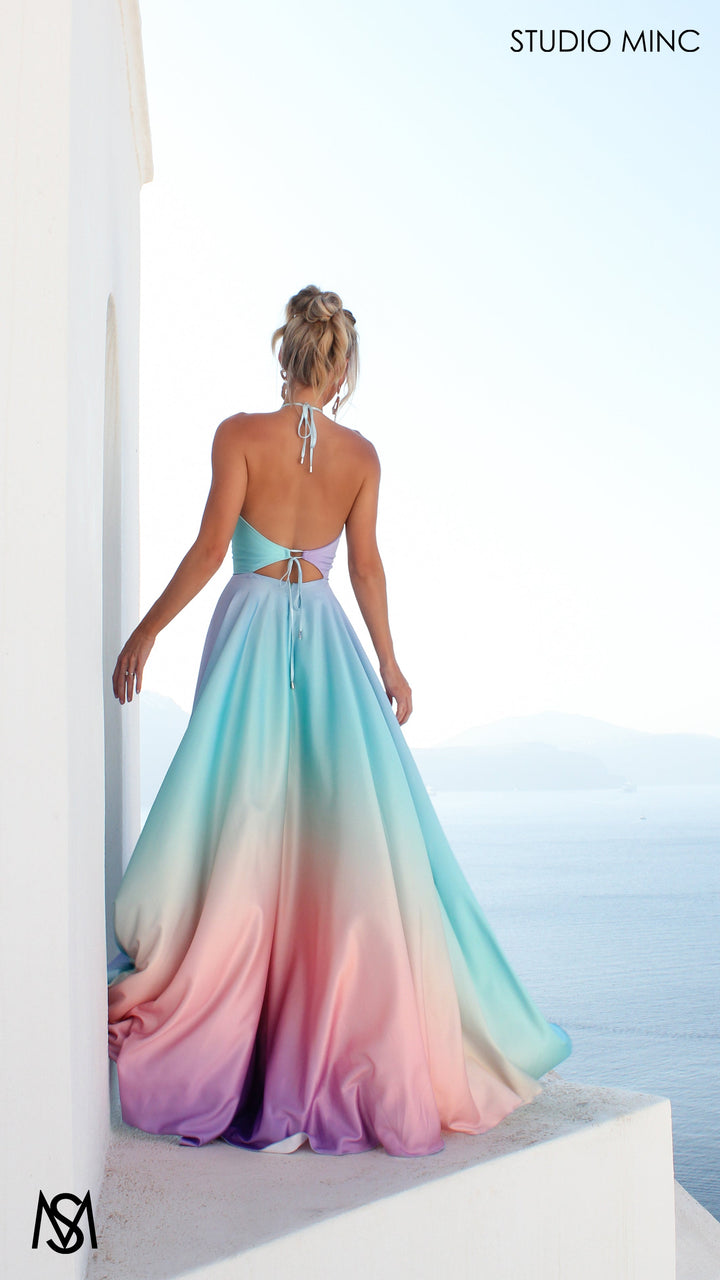 SUNSET BLUE - Blue Multi Colour Formal Dress, Satin High Neck Plunge &amp; Backless