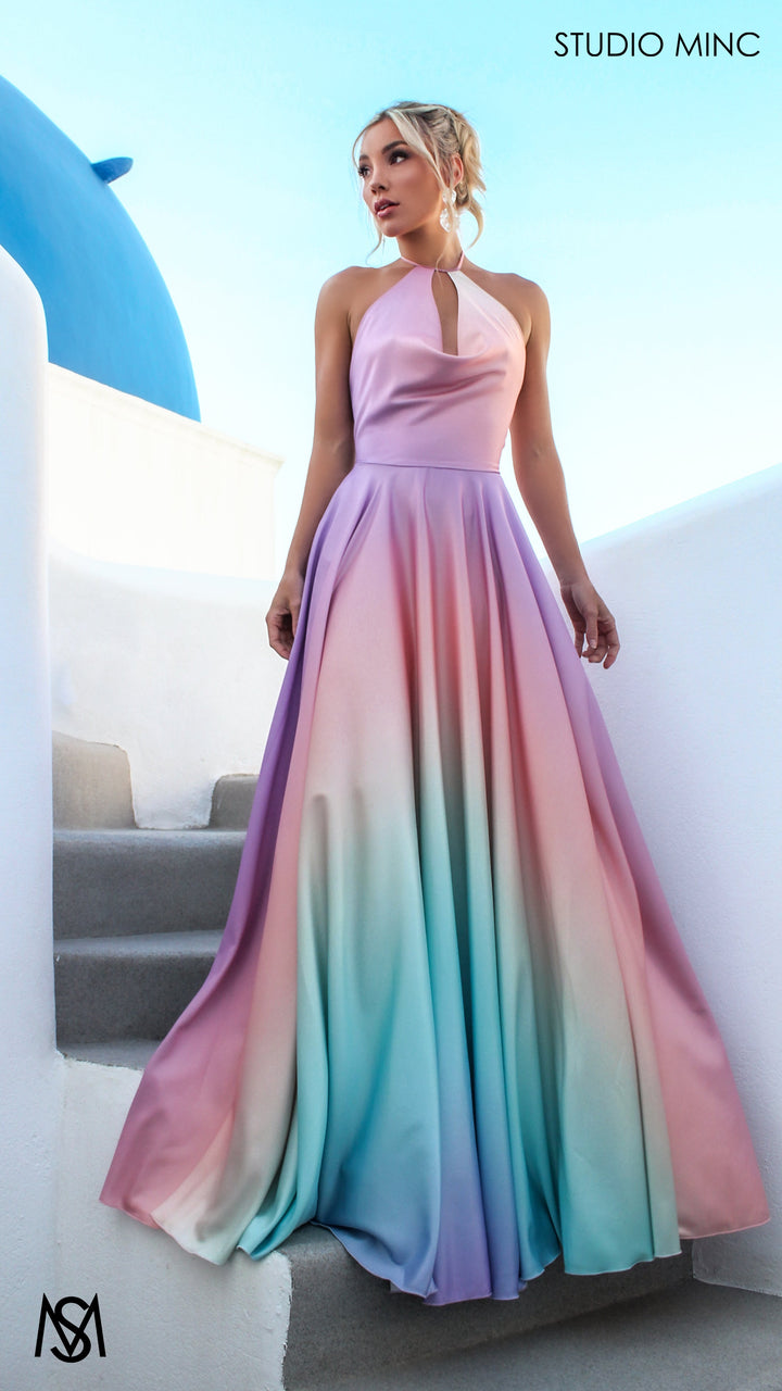 SUNSET PINK - Multi Colour pink Formal Dress, Satin High Neck Plunge &amp; Backless