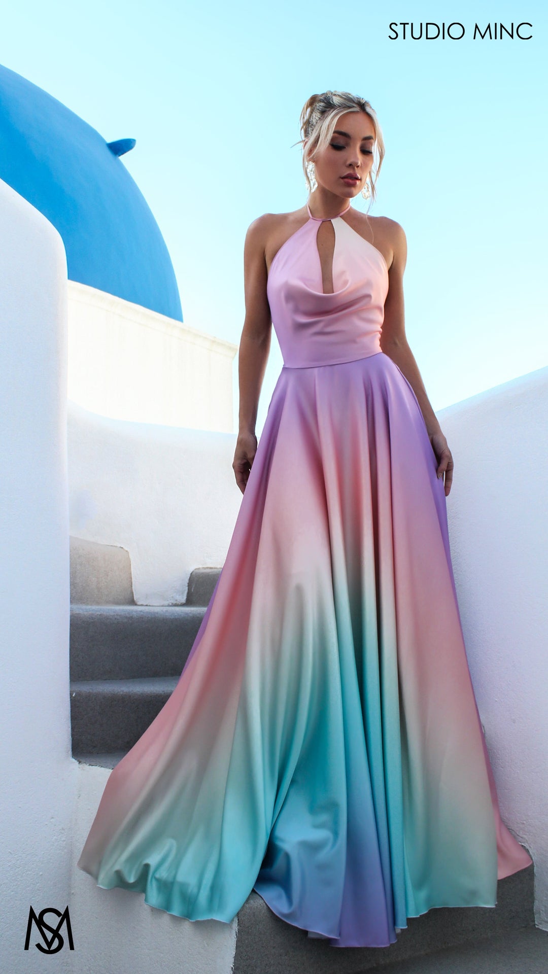 SUNSET PINK - Multi Colour pink Formal Dress, Satin High Neck Plunge &amp; Backless