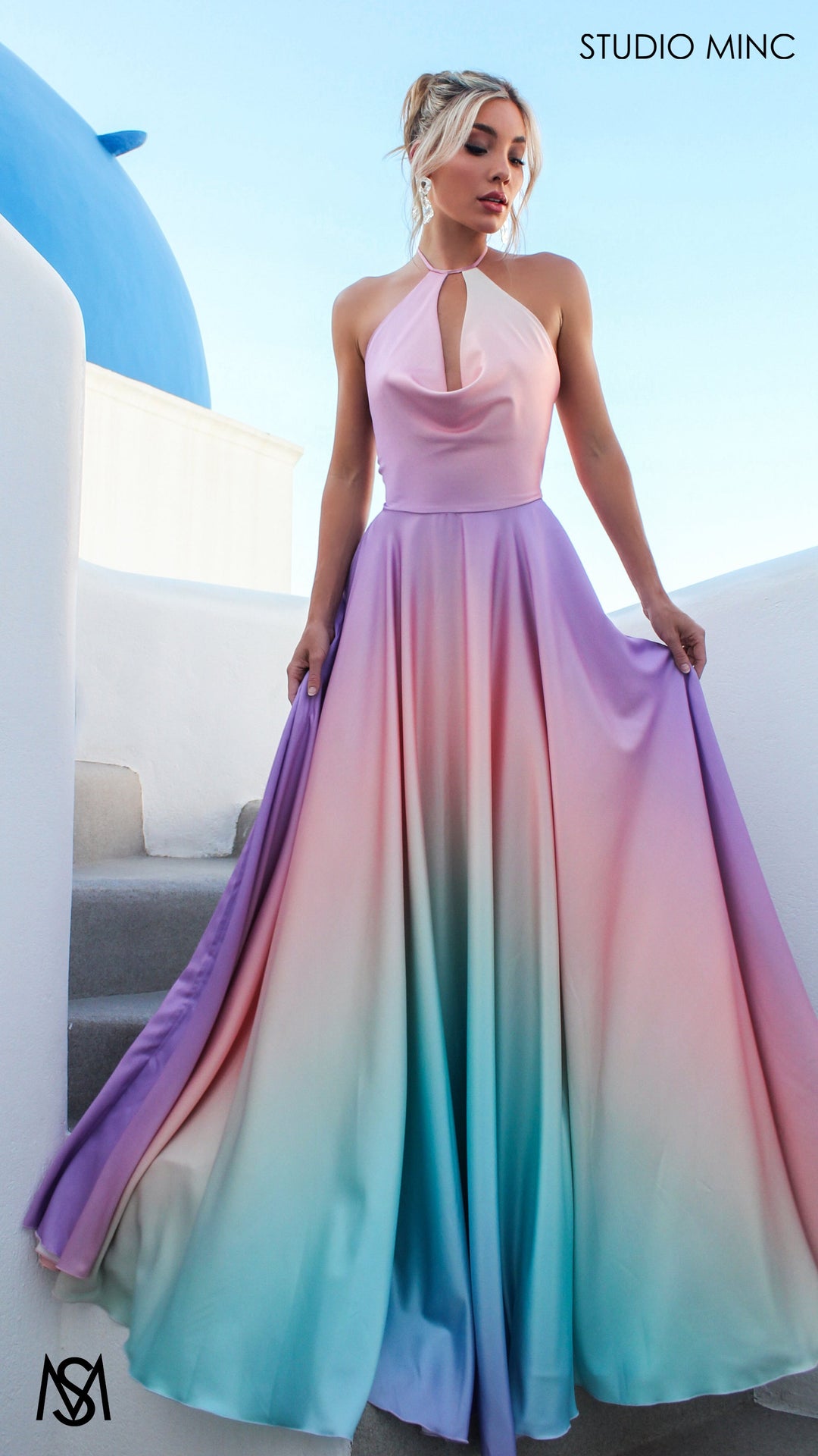 SUNSET PINK - Multi Colour pink Formal Dress, Satin High Neck Plunge &amp; Backless