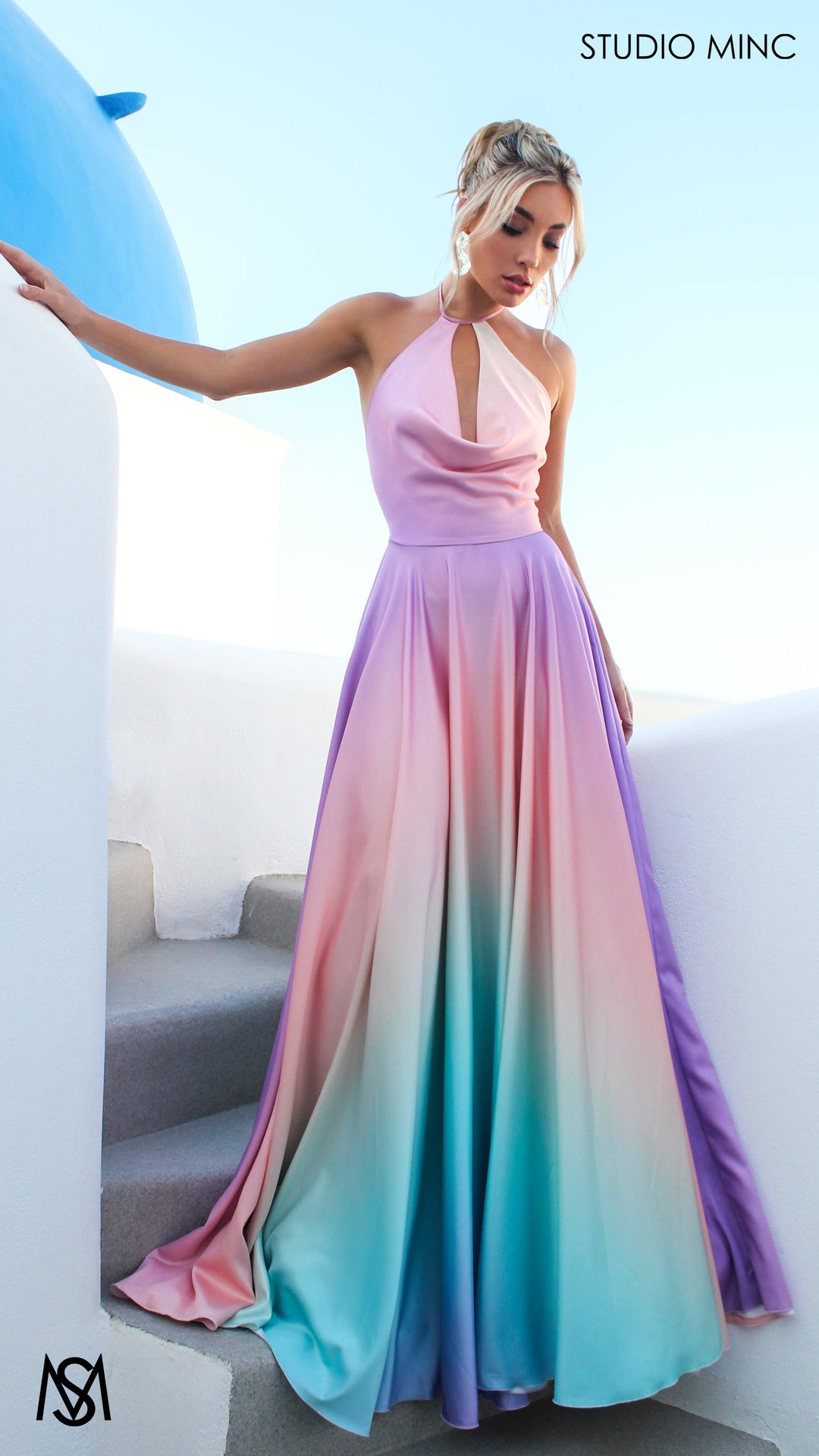 SUNSET PINK - Multi Colour pink Formal Dress, Satin High Neck Plunge &amp; Backless