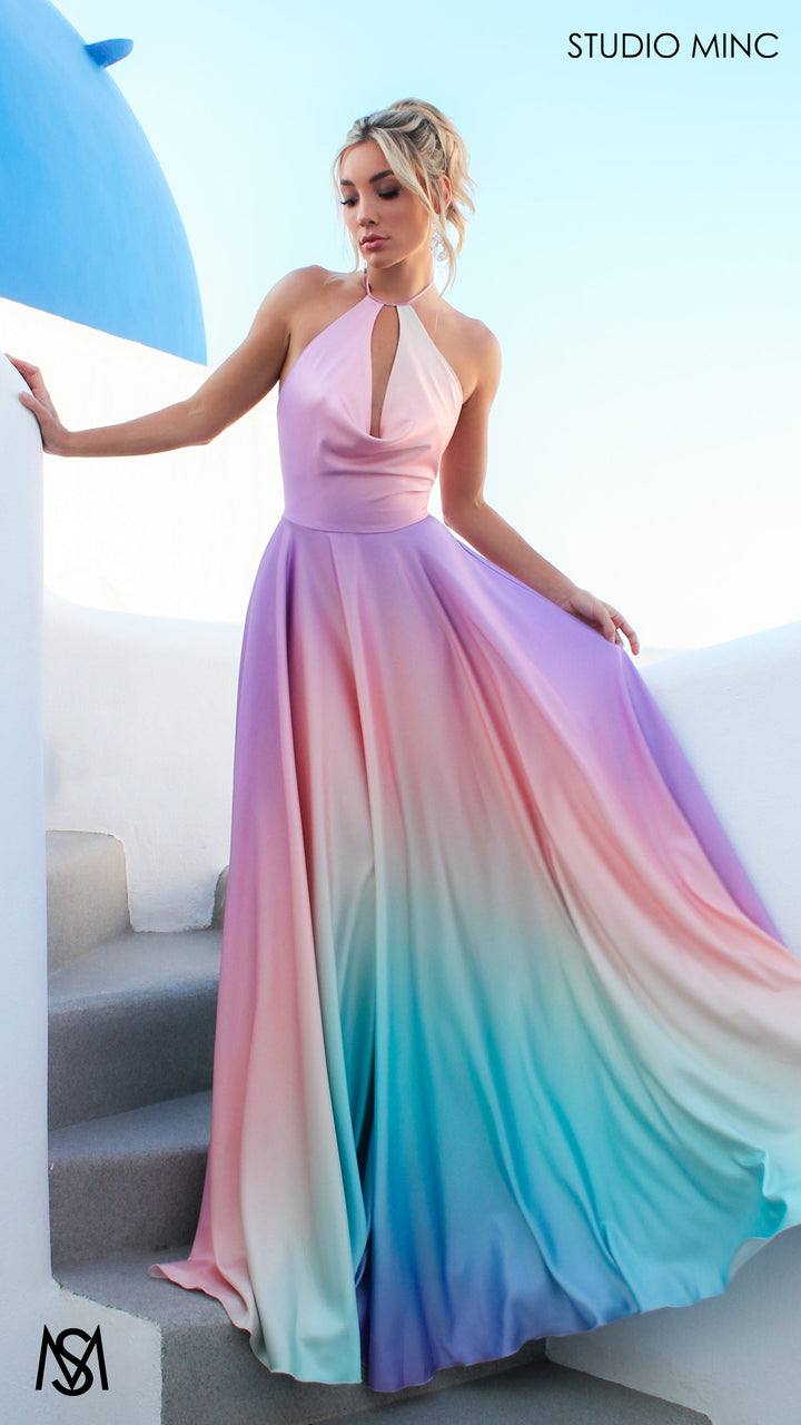 SUNSET PINK - Multi Colour pink Formal Dress, Satin High Neck Plunge &amp; Backless