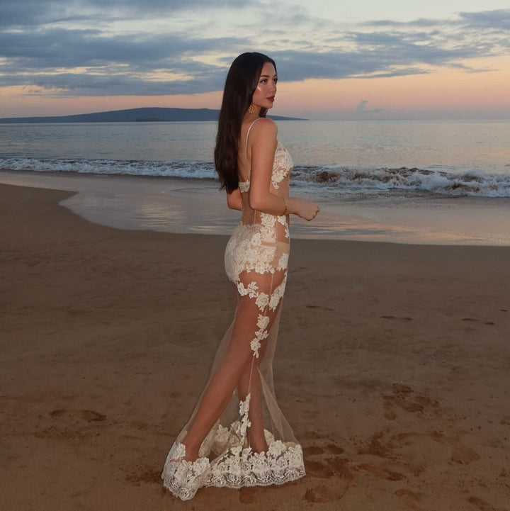 Te Amo Lace Mesh White Maxi Dress