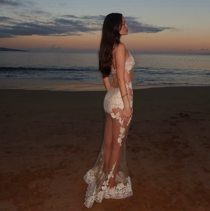 Te Amo Lace Mesh White Maxi Dress