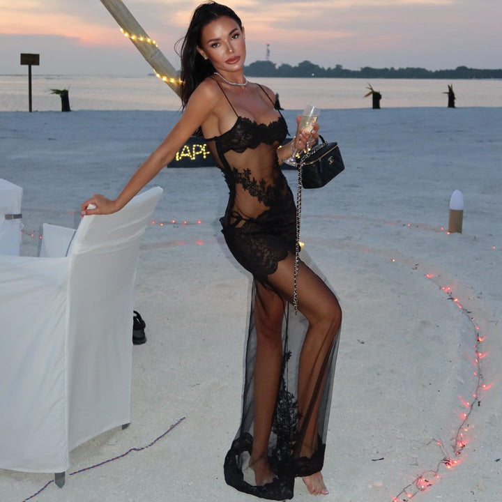 Te Amo Lace Mesh Black Maxi Dress