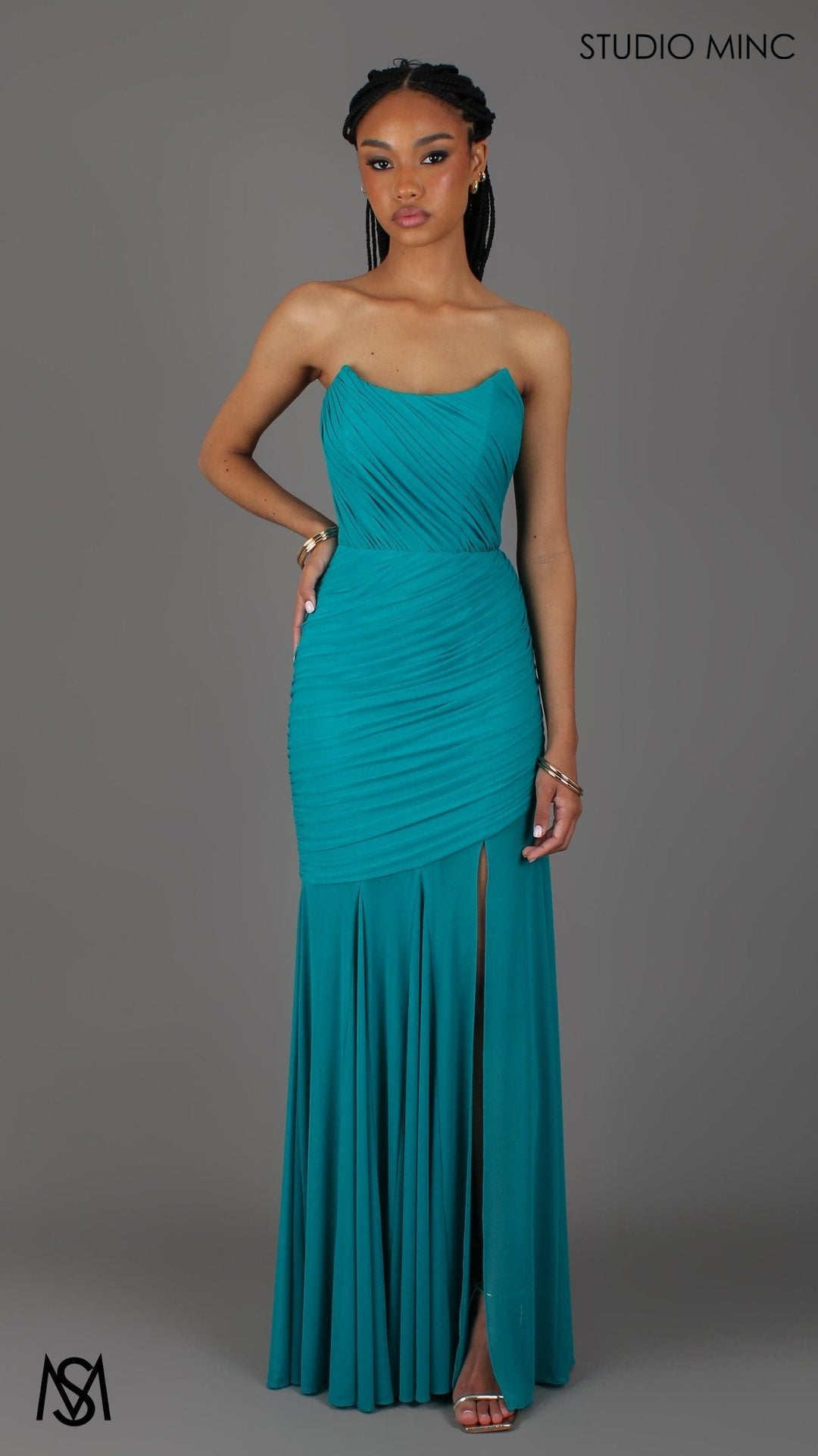 Paloma - Teal Formal Dress, Strapless Corset mermaid, Sheer net, with Scarf
