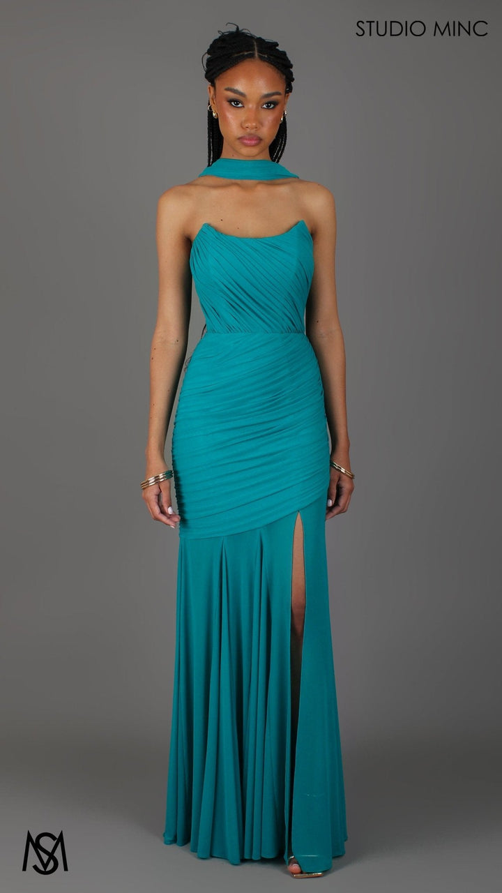 Paloma - Teal Formal Dress, Strapless Corset mermaid, Sheer net, with Scarf