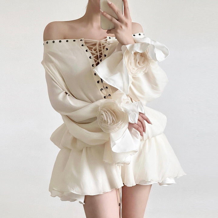 Tiffany Off Shoulder Lace Up Ivory Mini Dress