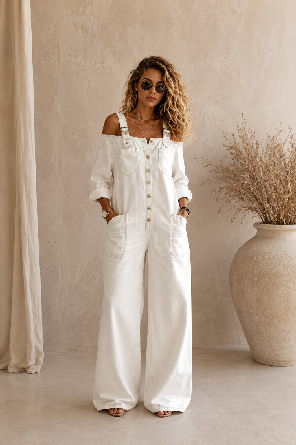 Lianne™ Off-Shoulder Wide-Leg White Denim Jumpsuit