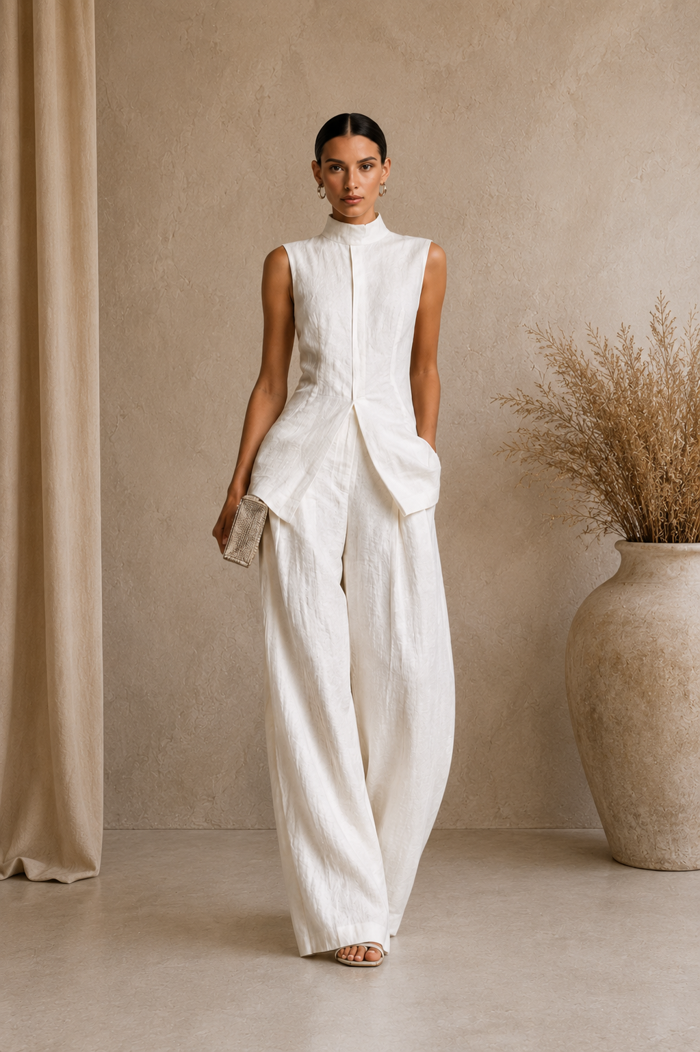 Elegant Cotton Linen Sleeveless Top and  Pants Set