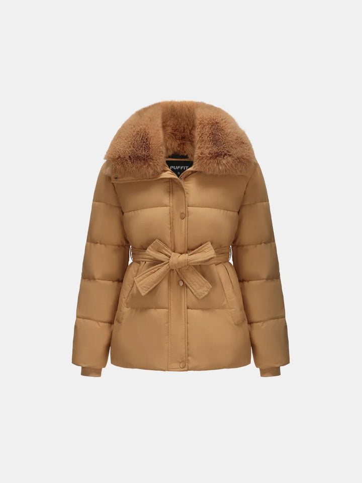 WarmCore™ Beige Elevated Detachable Faux Fur Collar Puffer With Belt