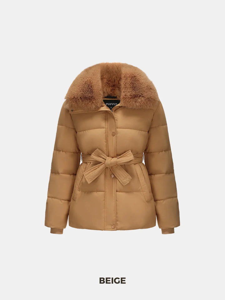 WarmCore™ Beige Elevated Detachable Faux Fur Collar Puffer With Belt