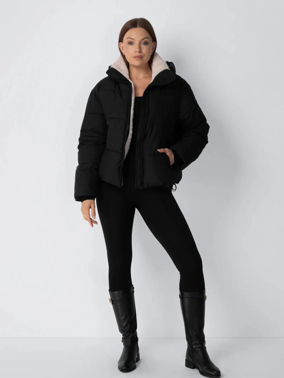 WarmCore™ Faux Fur Lined Detachable Hooded Short Puffer Jacket