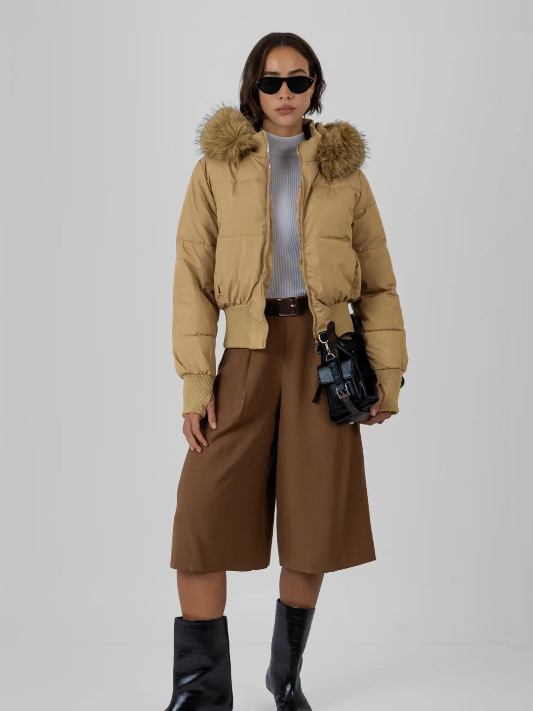 WarmCore™ Faux Fur Lined Puffer Bomber With Detachable Hood Trim