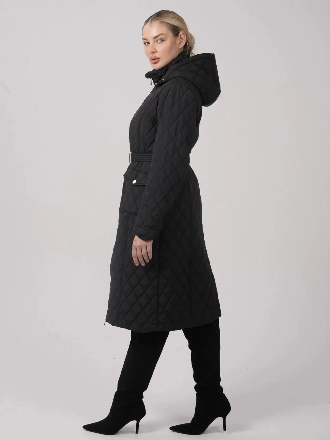 WarmCore™ Long Dimond Quilted Belted Puffer