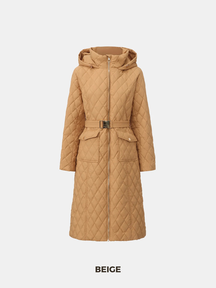 WarmCore™ Long Dimond Quilted Belted Puffer