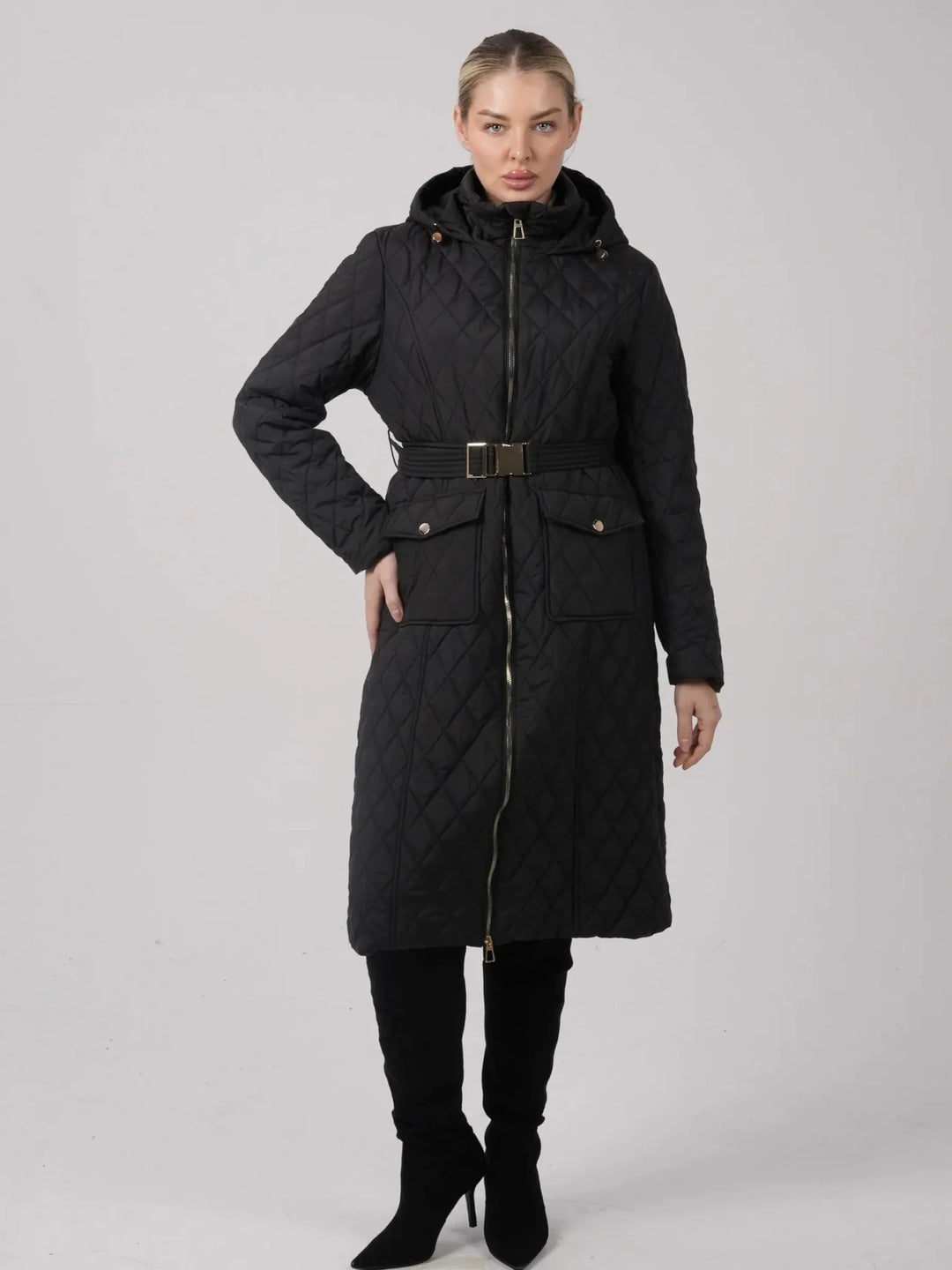 WarmCore™ Long Dimond Quilted Belted Puffer