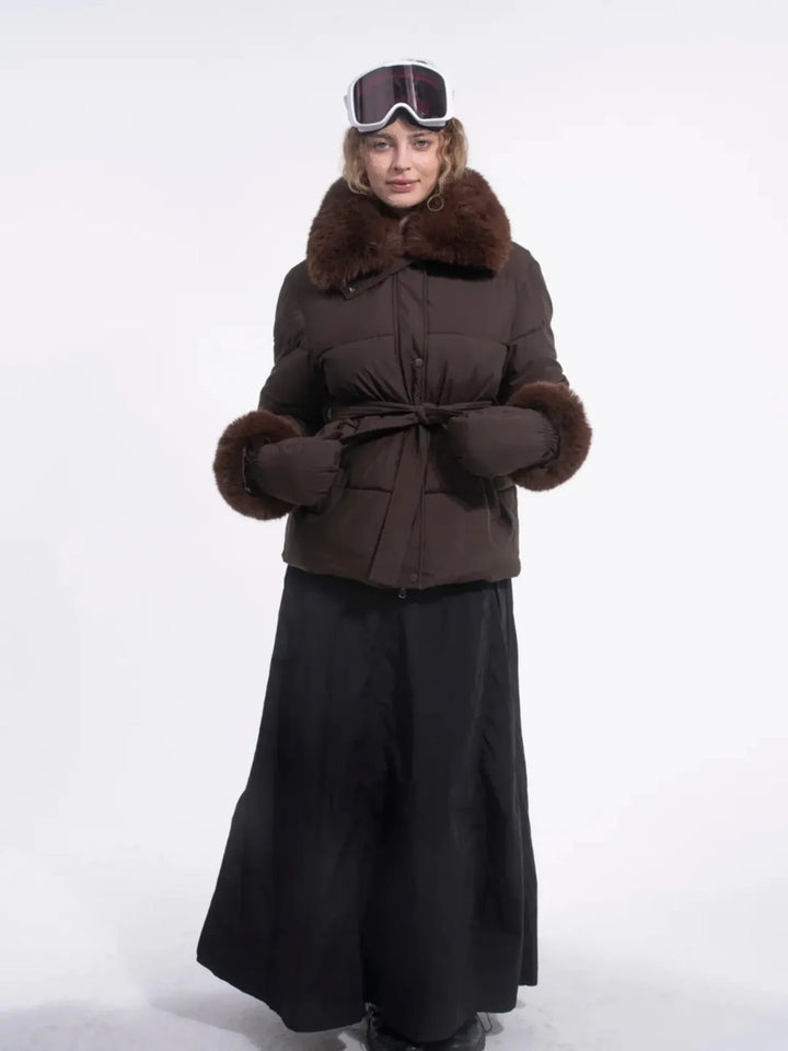 WarmCore™ Beige Elevated Detachable Faux Fur Collar Puffer With Belt