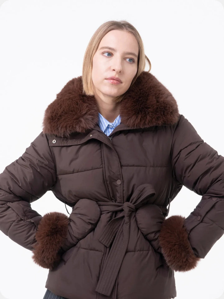 WarmCore™ Elevated Detachable Faux Fur Collar Puffer With Belt