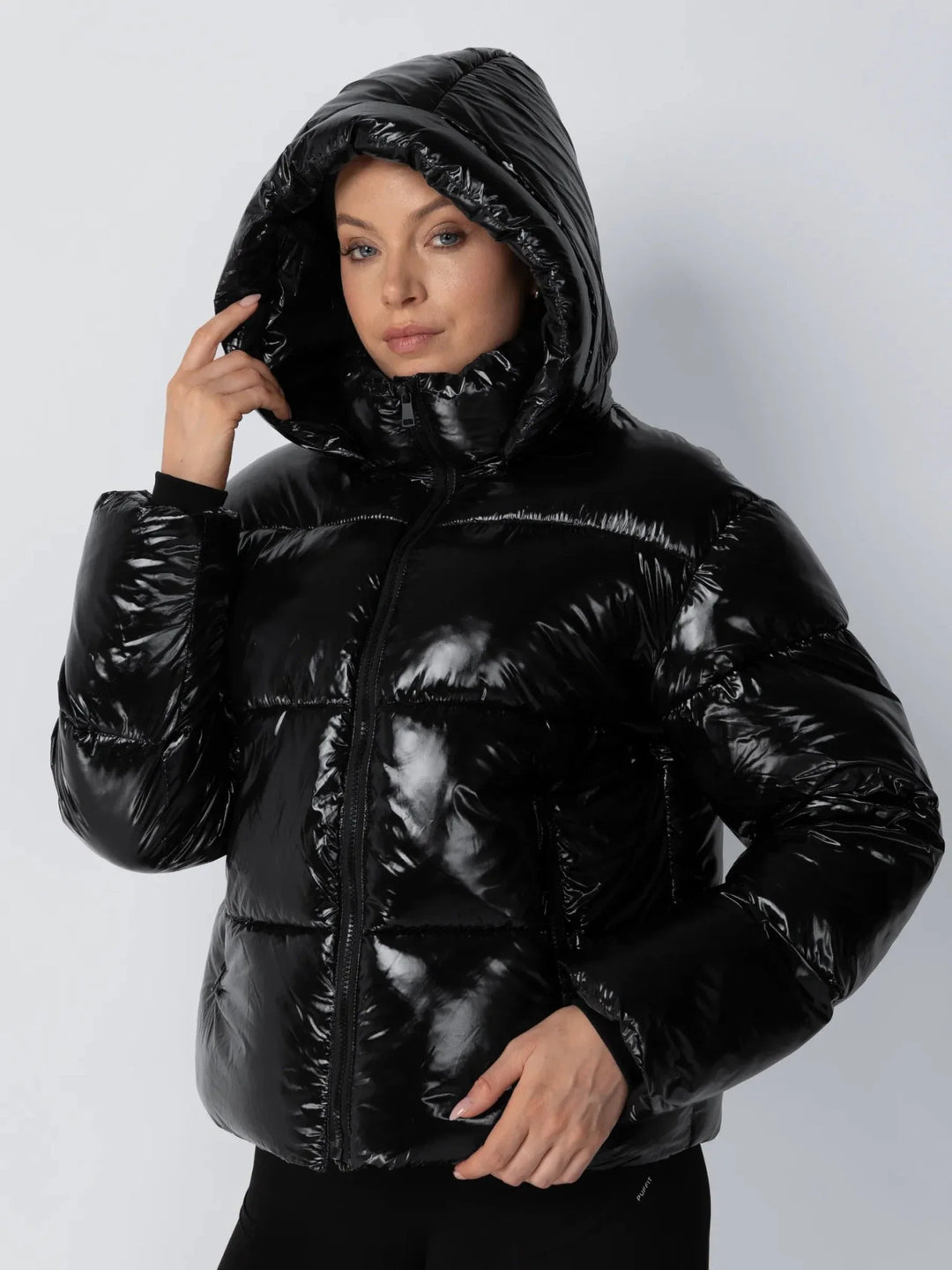 WarmCore™ Shiny Black Detachable Hooded Puffer Jacket