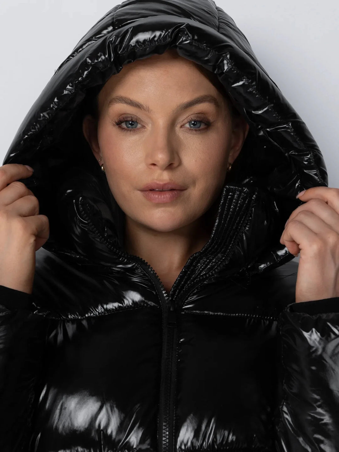 WarmCore™ Shiny Black Detachable Hooded Puffer Jacket