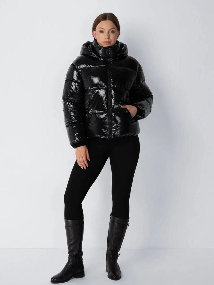 WarmCore™ Shiny Black Detachable Hooded Puffer Jacket